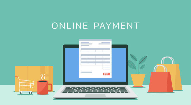 online payment concept on laptop computer with electronic receipt or financial transaction, vector flat design illustration