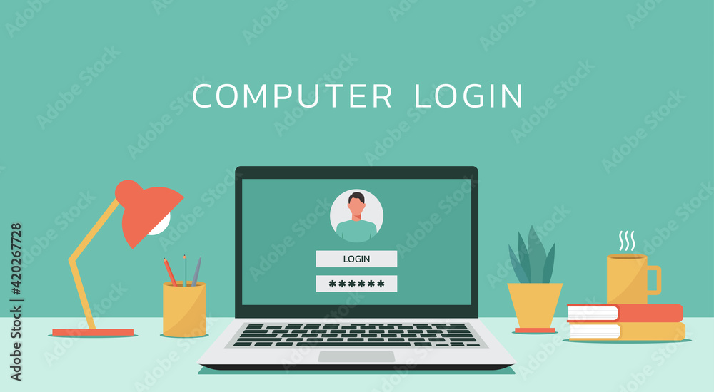 Poster laptop computer account login and password of the user to the system with authorization on the scree