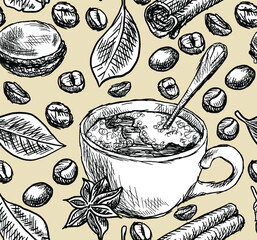 Vector seamless pattern with hand drawn ingredients for delicious coffee and tea. Mug with a drink and a spoon, macaroon cookies, cloves, cinnamon, coffee grains are hand drawn in ink.