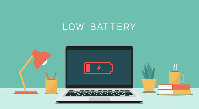 Laptop computer with low battery icon on screen, vector flat design illustration