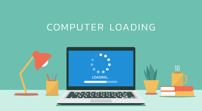 computer loading process concept, system software update and upgrade installation on laptop, vector flat design illustration