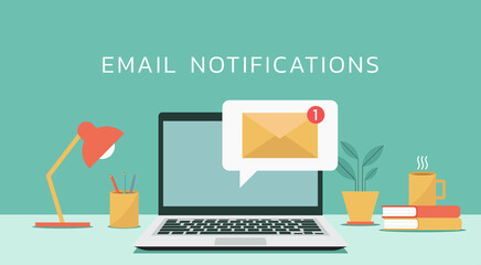 new email notification on laptop computer display screen concept, vector flat design illustration