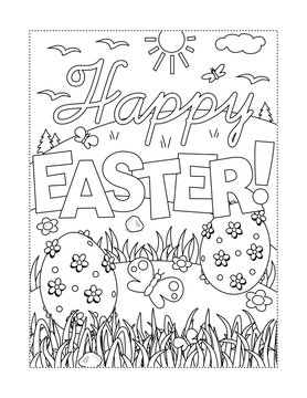 Easter holiday coloring page activity with "Happy Easter!" greeting text 
