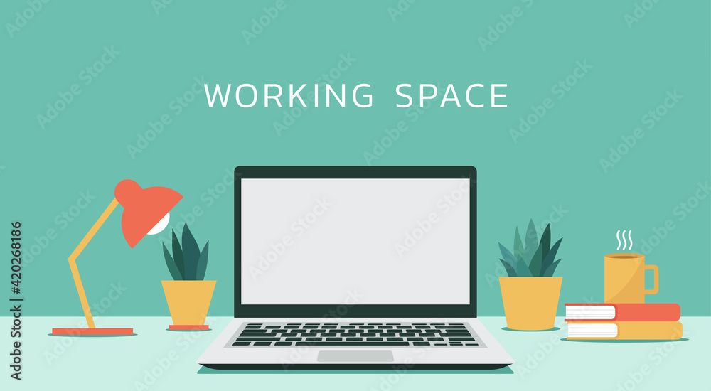 Fototapete laptop computer with white blank empty display screen for copy space on working space, vector flat d