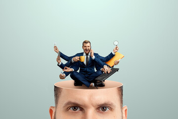 Instead of a brain, a man has a multi-armed businessman in his head. Creative picture, concept of multitasking, multi-hands, brain work, stress resistance.