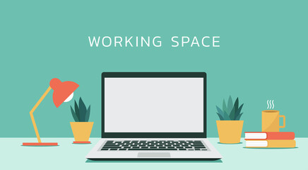 laptop computer with white blank empty display screen for copy space on working space, vector flat design illustration - obrazy, fototapety, plakaty