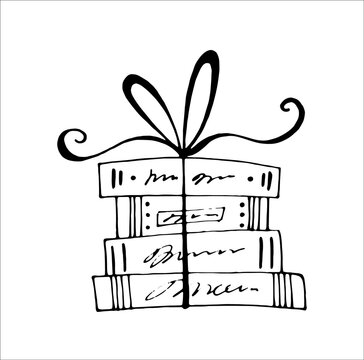 vector doodle illustration of a stack of books tied with ribbon