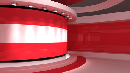 TV studio. Austria. Austrian flag. News studio.  Loop animation. Background for any green screen or chroma key video production. 3d render. 3d