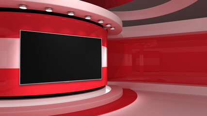 TV studio. Austria. Austrian flag. News studio.  Loop animation. Background for any green screen or chroma key video production. 3d render. 3d