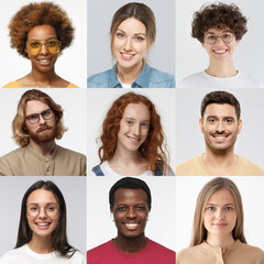 Square collage of portraits and faces of multiracial millennial group of various smiling young...