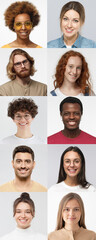 Fototapeta na wymiar Vertical collage of portraits and faces of multiracial group of various smiling young people, good use for userpic and profile picture. Diversity concept