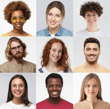 Square collage of portraits and faces of multiracial millennial group of various smiling young people, good use for userpic and profile picture. Diversity concept