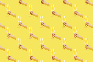 Pattern with a glass with water on the yellow background