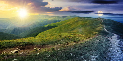 day and night time change concept above the mountain landscape in spring. path through meadow in grass on the hill with sun and moon. wonderful weather with fluffy clouds on the sky