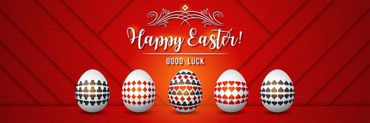 Red Easter greetings banner with red and black gambling symbols over white eggs, vector illustration.Suitable for invitations, greeting cards, flyers, banners.