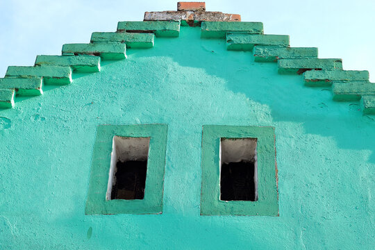 traditional decorative green painted exterior of the attic of the house in Zemun, Belgrade