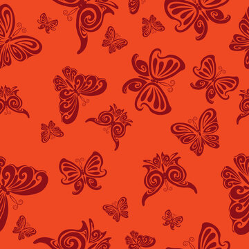 pattern, brown stylized butterflies on a red background, vector illustration,