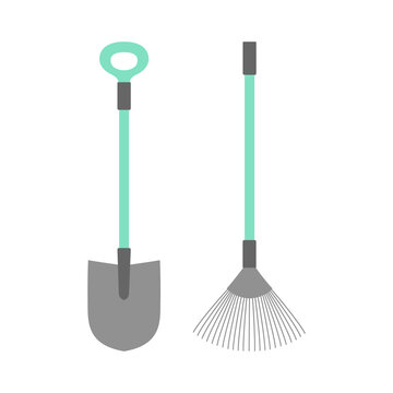 shovel and rake isolated on white, flat design