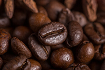 Bokeh of roasted coffee beans.