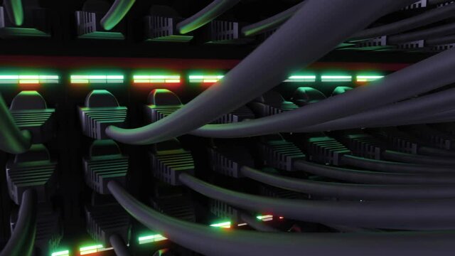 Swich hubs in IPS Server room with cables and glowing lights. Full HD 3d animation video 25 fps.