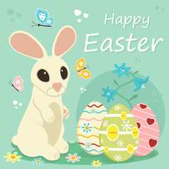 Obraz na płótnie Canvas Happy easter background. Cartoon bunny on a spring background with flowers and butterflies. Vector illustration