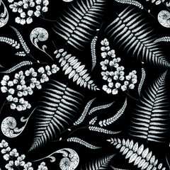 Floral seamless pattern. Fern sketch background. Hand drawn illustration. Tropical pattern. Vector illustration. Design template.