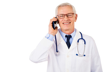 Happy male doctor portrait while making a call and standing at isolated background