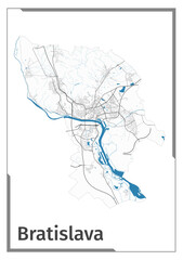 Bratislava map poster, administrative area plan view. Black, white and blue detailed design.