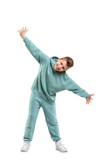 boy in a turquoise suit and white sneakers isolated on a white background.