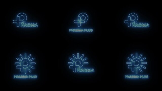 Set of Neon blue sign P logo banner background. Animation motion graphic video. P with plus and sun logo. Medical logo. FONT Jellee (OFL Apache LICENSES)