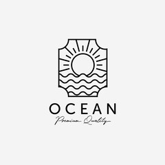 Badge of Sunburst on the Horizon Line Art Logo, Illustration of Marine Water, Design of Beach Sunset, Vector of Sea Maritime Concept