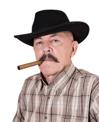 The cowboy with mustache, in a black hat smoking a cigar