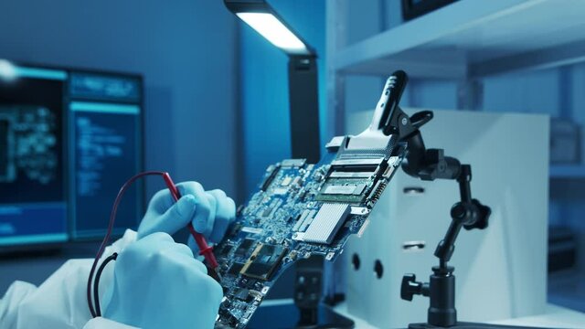 Microelectronics engineer works in a modern scientific laboratory on computing systems and microprocessors. Electronic factory worker is testing the motherboard and coding the firmware.