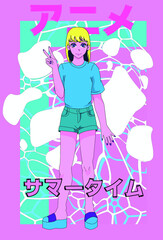 Poster with anime girl personage, cartoon female character. Cover illustration in vaporwave aesthetics style. Japanese text means "Summer time".