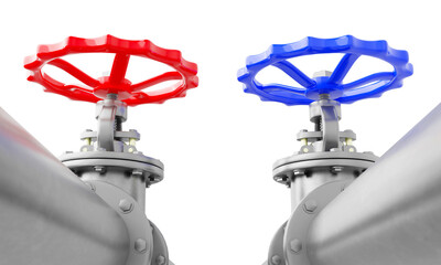 3d render blue and red valves on steel pipes down view isolated on a white background.Illustration of a digital image for industrial.