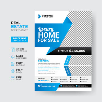 Professional real estate flyer template design for housing or property business agency. Home sale advertisement poster fully editable