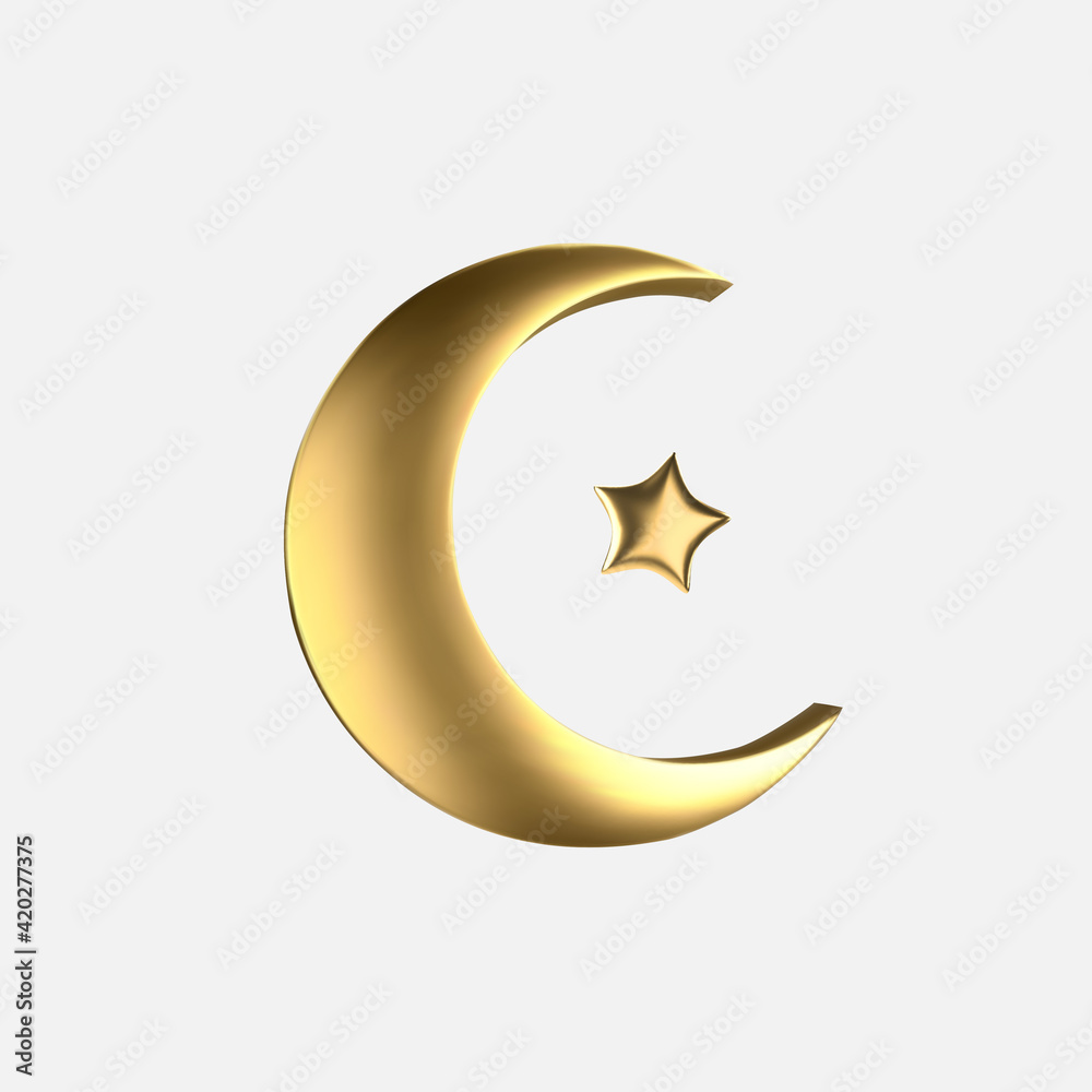 Poster vector ramadan golden symbol. realistic 3d gold crescent and star.