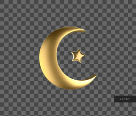 Vector Ramadan golden symbol. Realistic 3d gold crescent and star. © Linett