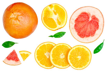 Naklejka na ściany i meble Slices of orange and grapefruit isolated on white, top view
