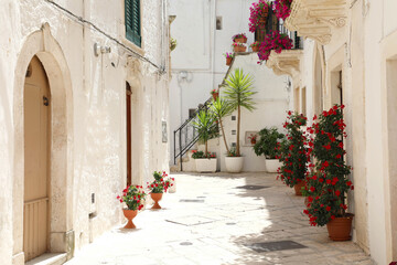 Flowery alley in the historic center of Locorotondo with white walls in Apulia, Italy