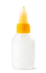 Stationery glue in a plastic bottle on a white background. Isolated