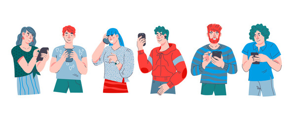 People standing  row and using phones, cartoon flat vector illustration isolated on white background. Young people communicate through mobile network.
