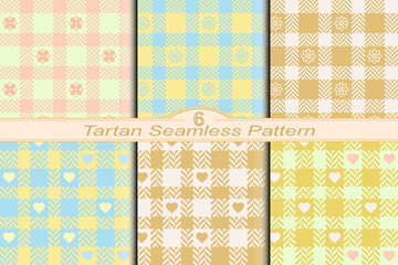 Pastel seamless backgrounds tartan with small flowers, hearts.
