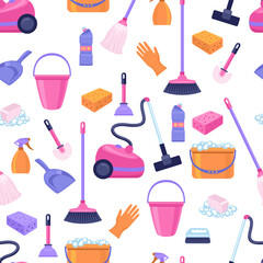 Seamless pattern from different items for cleaning. Vacuum cleaner, bucket, mop, washcloth, glove, dustpan, sponge, plunger and others. Vector isolated flat illustration.