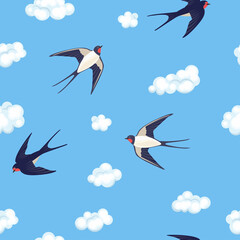 Swallows in the blue sky and white clouds seamless pattern. Cartoon flying birds. Vector simple flat illustration.