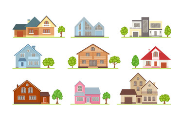 Set of houses in different architectural styles isolated on white background. Modern cottages front view. Vector illustration in simple flat style. Icons.