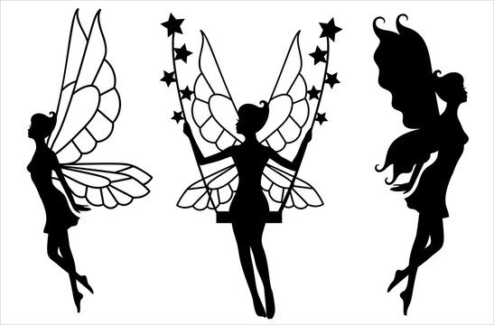 Collection of silhouettes of a fairy on white.
