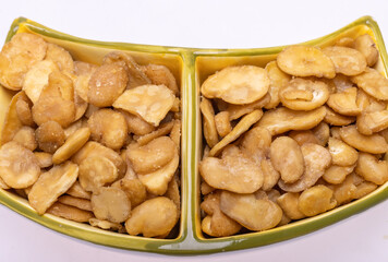 Roasted and salted fava beans for a healthy vegan and vegetarian diet snack. High in protein, vitamins, dietary fibre and nutrients