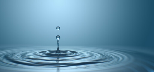 Water drop with droplet and rings on surface bluish background - 420280179