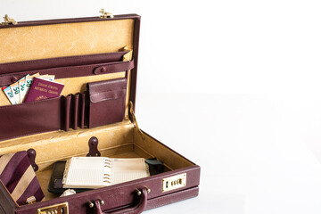 24 hour suitcase with passport, banknotes, chronograph, organizer and tie with cufflinks ready to go
